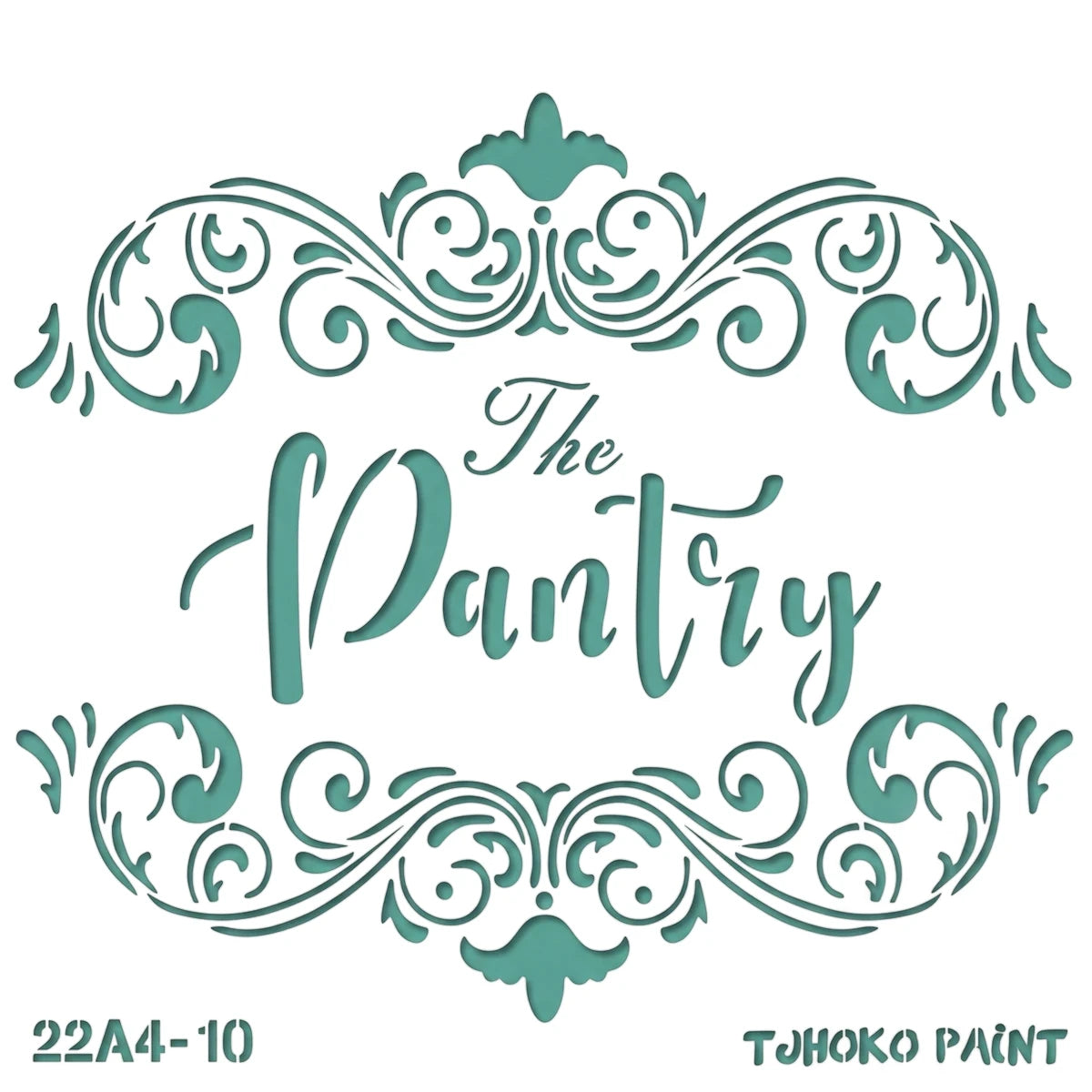 Teal 2022-A4-10 paint stencil featuring 'The Pantry' text in a script font surrounded by ornate decorative flourishes.