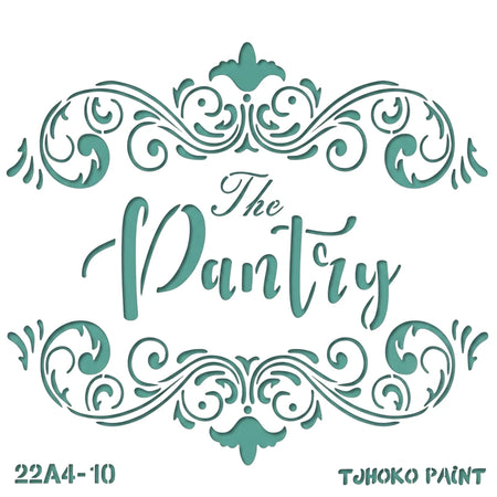 Teal 2022-A4-10 paint stencil featuring 'The Pantry' text in a script font surrounded by ornate decorative flourishes.