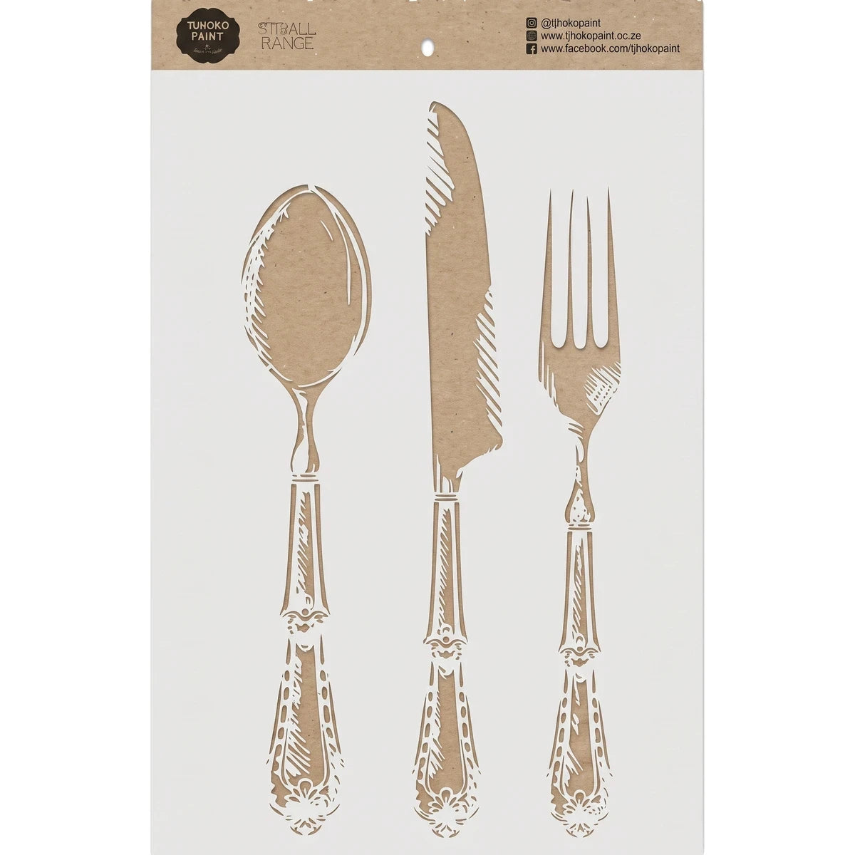 2022-A4-5 Paint Stencils featuring intricate spoon, knife, and fork cutlery designs on a brown paper sheet.