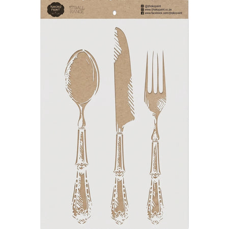 2022-A4-5 Paint Stencils featuring intricate spoon, knife, and fork cutlery designs on a brown paper sheet.