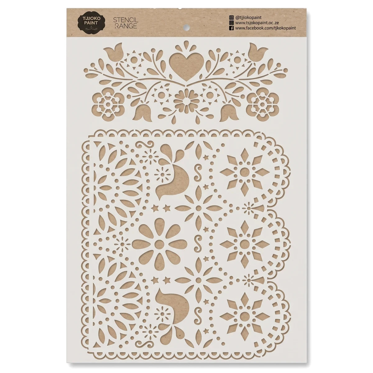 2022-A4-6 Paint Stencils with intricate floral, heart, and folk art patterns in a beige color on a white sheet.