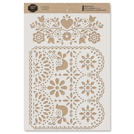 2022-A4-6 Paint Stencils with intricate floral, heart, and folk art patterns in a beige color on a white sheet.