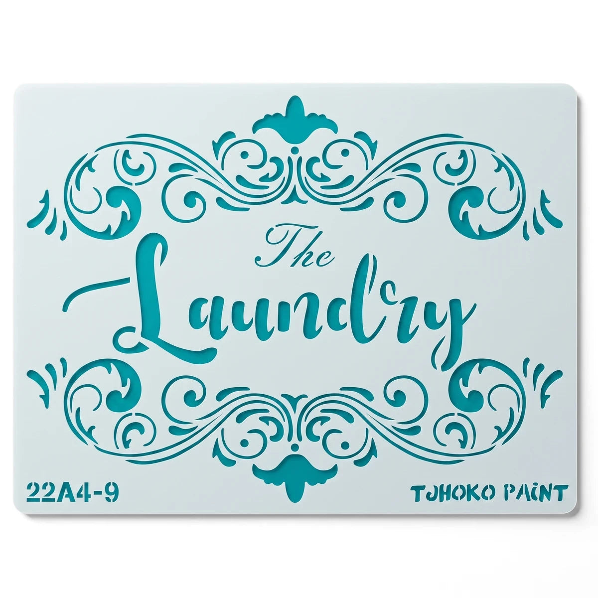 Teal 2022-A4-9 Paint Stencils with 'The Laundry' text and elegant scrollwork for home decor projects.