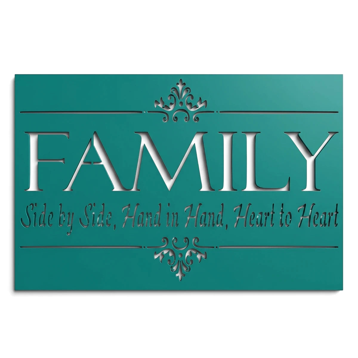Teal 'FAMILY' paint stencil with 'Side by Side, Hand in Hand, Heart to Heart' quote and elegant flourishes, for DIY home