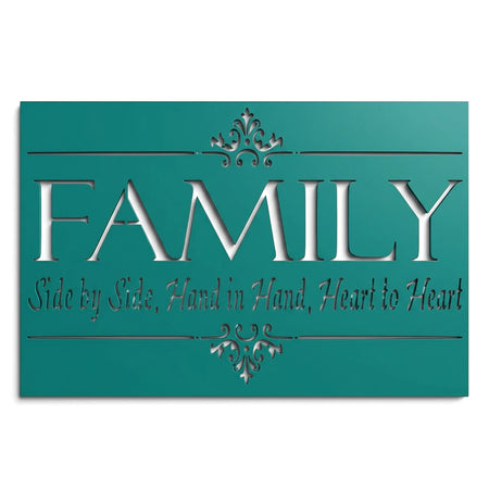 Teal 'FAMILY' paint stencil with 'Side by Side, Hand in Hand, Heart to Heart' quote and elegant flourishes, for DIY home