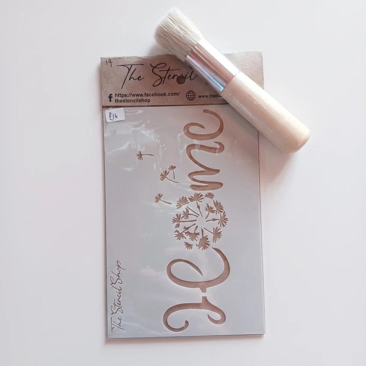 White plastic paint stencil featuring a 'Home' dandelion design, accompanied by a natural wood handle brush, resting on a