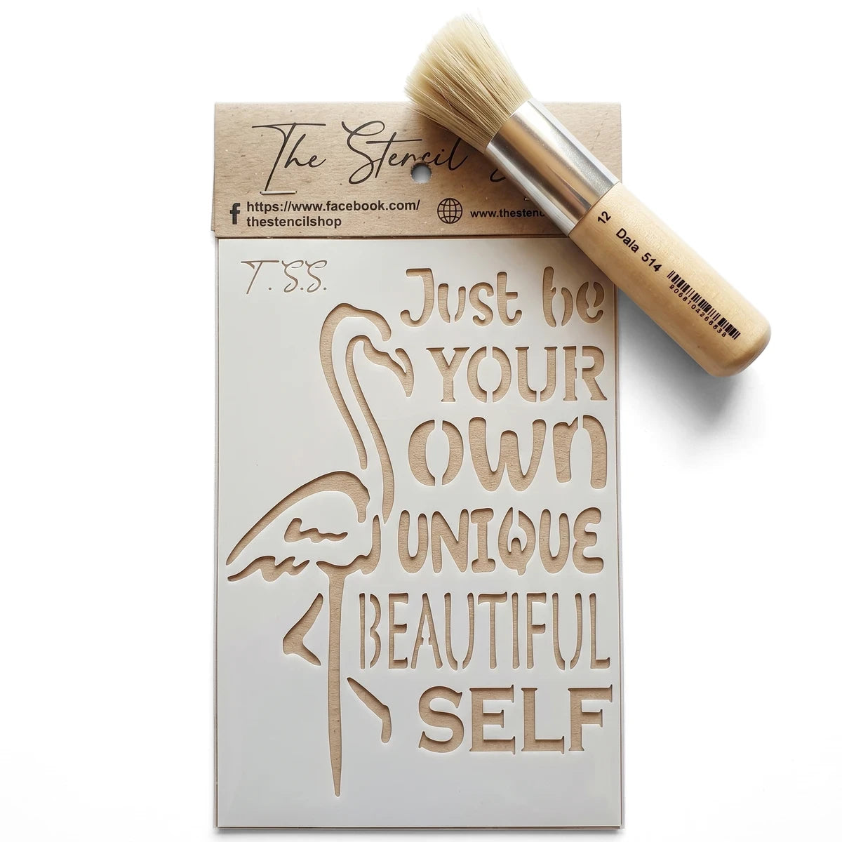 White plastic 2022-A6-18 Paint Stencils with a flamingo design and 'Just be your own unique beautiful self' text, alongside