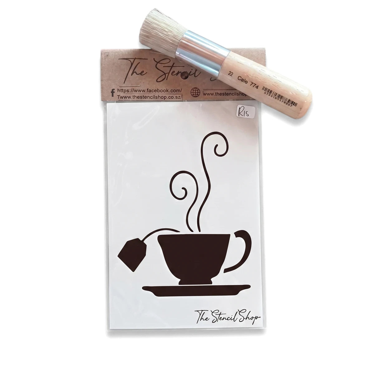 2022-A6-3 Paint Stencils featuring a charming tea cup design, accompanied by a dedicated stencil brush, ideal for various