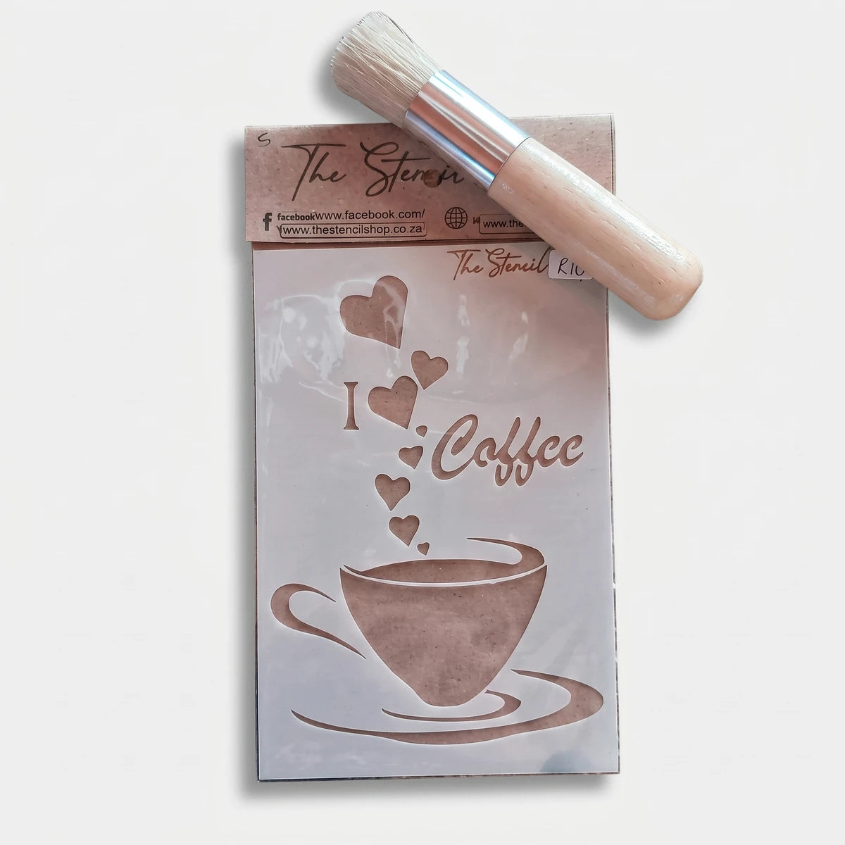 White plastic 2022-A6-5 Paint Stencils featuring an 'I Love Coffee' cup and heart design, accompanied by a wooden stencil