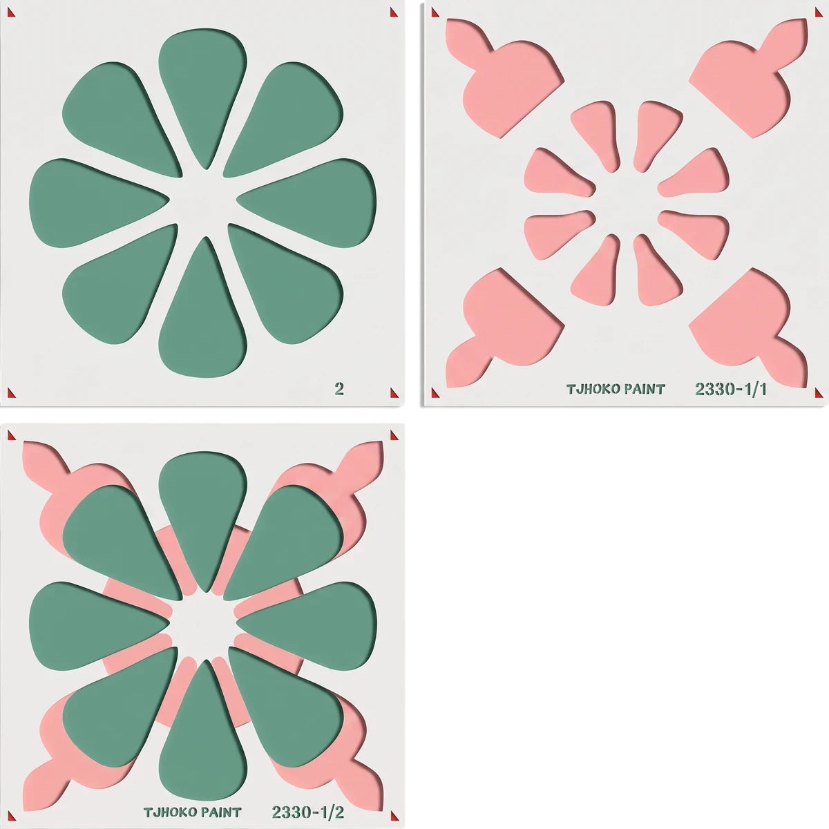 A collection of three graphic paint stencils featuring floral and geometric designs in teal and pink, displayed on a white