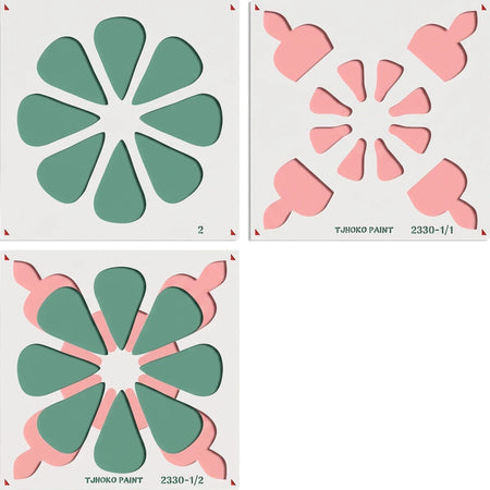 A collection of three graphic paint stencils featuring floral and geometric designs in teal and pink, displayed on a white