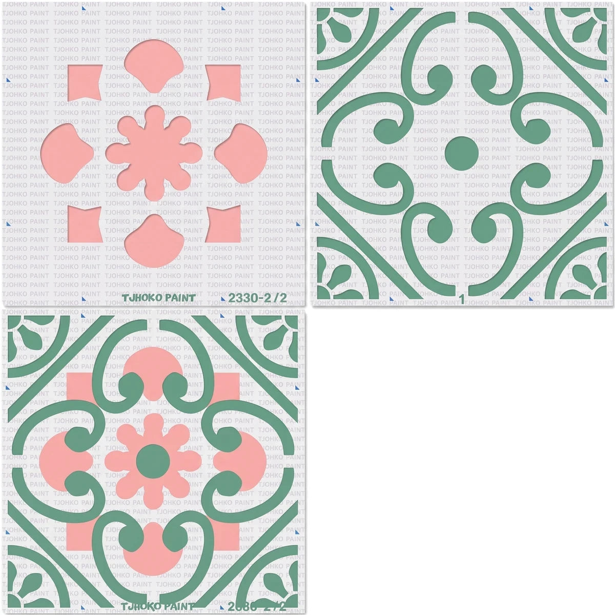 Three square paint stencils featuring pink abstract floral designs, green scrollwork patterns, and a combined design, used