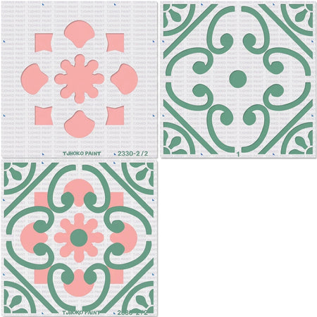 Three square paint stencils featuring pink abstract floral designs, green scrollwork patterns, and a combined design, used