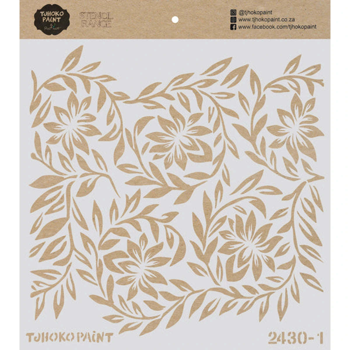 2024-30-1 Floral Whirl Paint Stencils featuring an intricate brown floral and leaf pattern on a light grey stencil sheet.