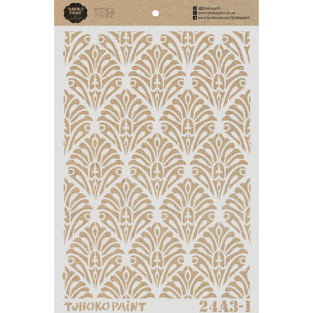 White 2024-A4-5 Moroccan Magic Paint Stencil featuring an intricate Art Deco-inspired fan pattern, suitable for various