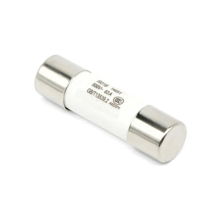 20Amp 1000Vdc fuse, a white ceramic cylinder with silver end caps, detailed with technical specifications.