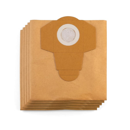 Stack of five brown kraft paper 20L dirt filter bags for wet/dry vacuum cleaners, showing the top bag's circular filter.