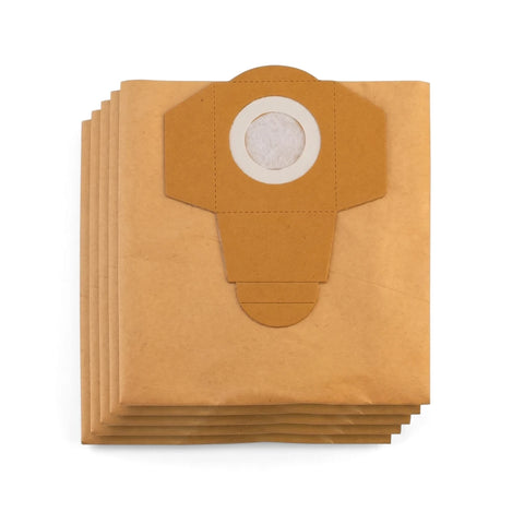 Stack of five brown kraft paper 20L dirt filter bags for wet/dry vacuum cleaners, showing the top bag's circular filter.