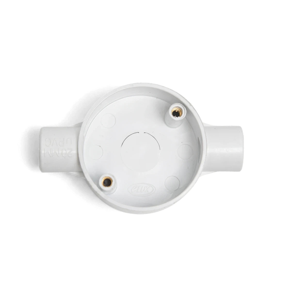 White 20mm 2-way PVC conduit box, an electrical fitting, viewed from above, showing its circular body and two side entries.
