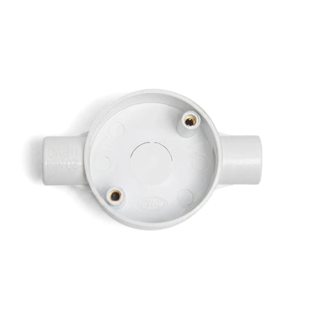 White 20mm 2-way PVC conduit box, an electrical fitting, viewed from above, showing its circular body and two side entries.