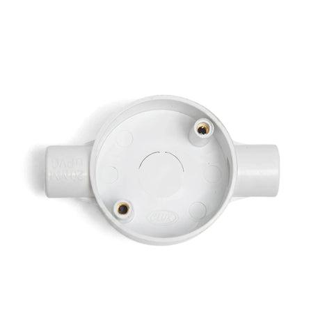 White 20mm 2-way PVC conduit box, an electrical fitting, viewed from above, showing its circular body and two side entries.
