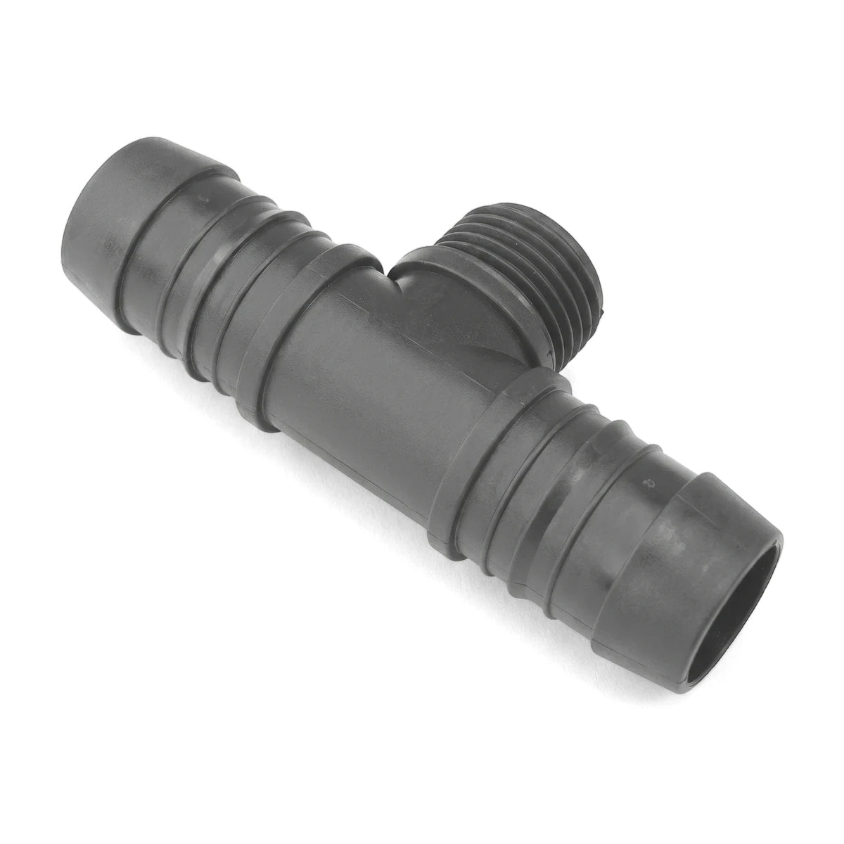 20mm gray plastic irrigation male tee pipe fitting with two barb connectors and one threaded male connector, angled view.