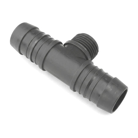 20mm gray plastic irrigation male tee pipe fitting with two barb connectors and one threaded male connector, angled view.