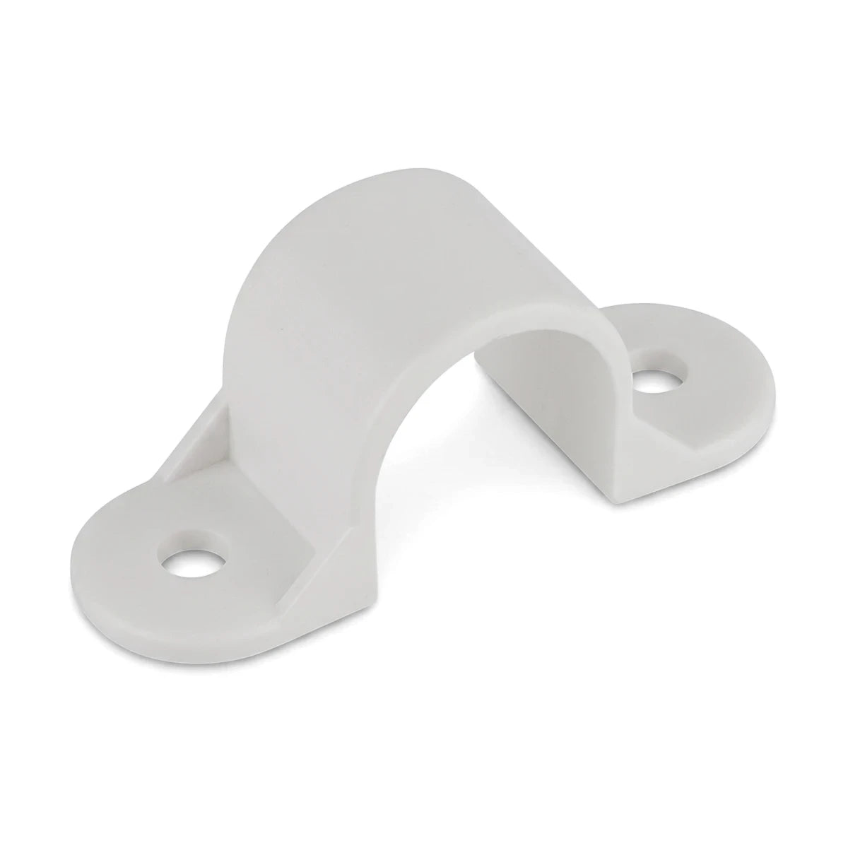 White 20mm PVC saddle clip with two mounting holes, viewed at an angle against a white background.