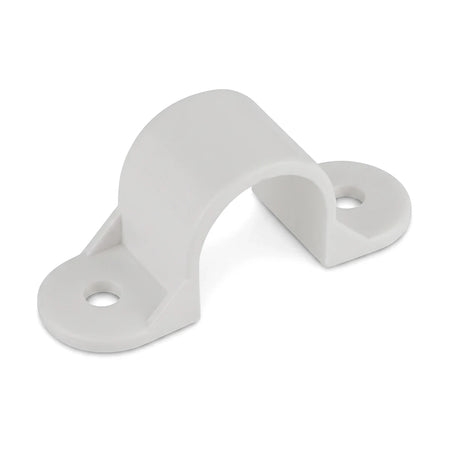 White 20mm PVC saddle clip with two mounting holes, viewed at an angle against a white background.