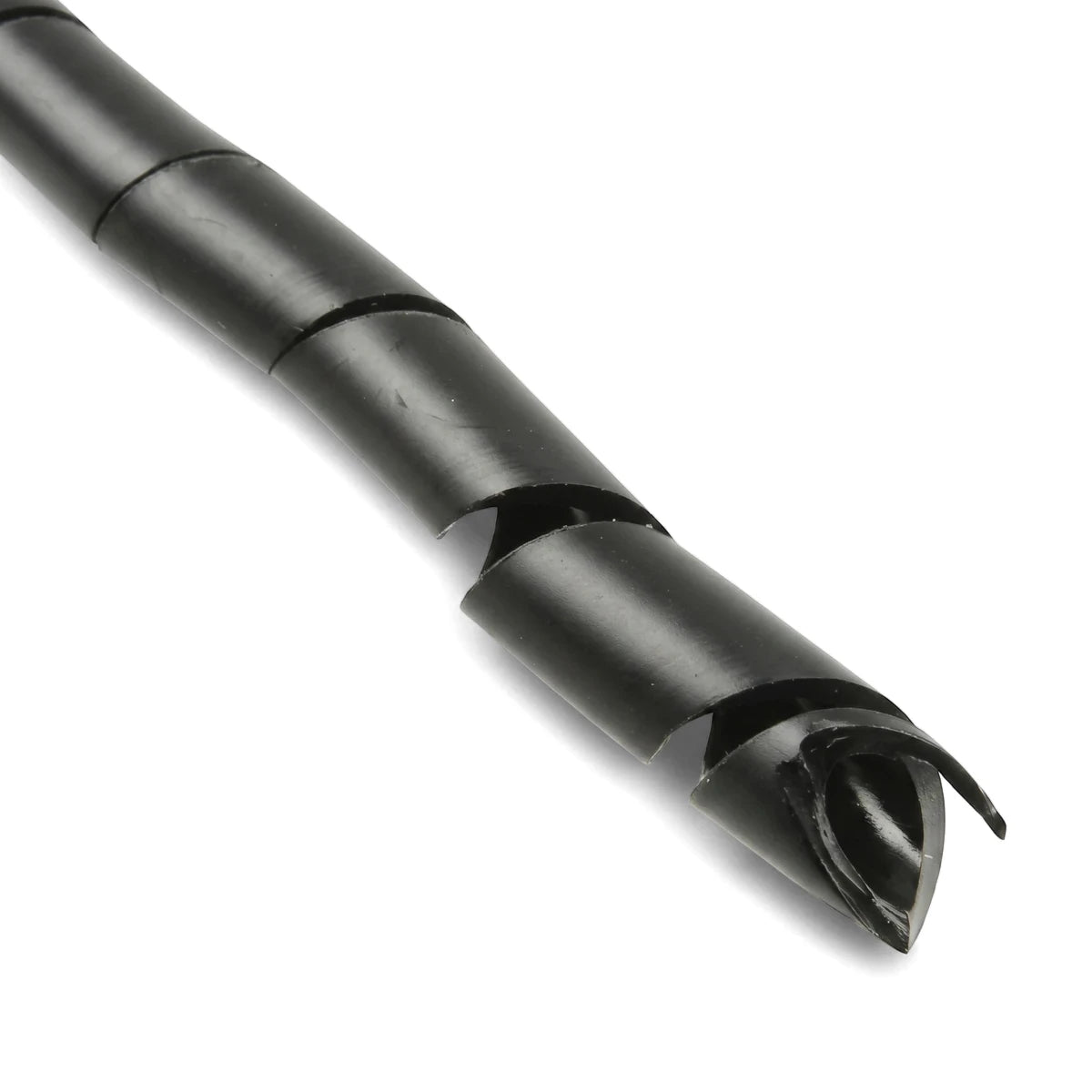 20mm black spiral wrapping for cable management, shown diagonally against a white background, highlighting its flexible