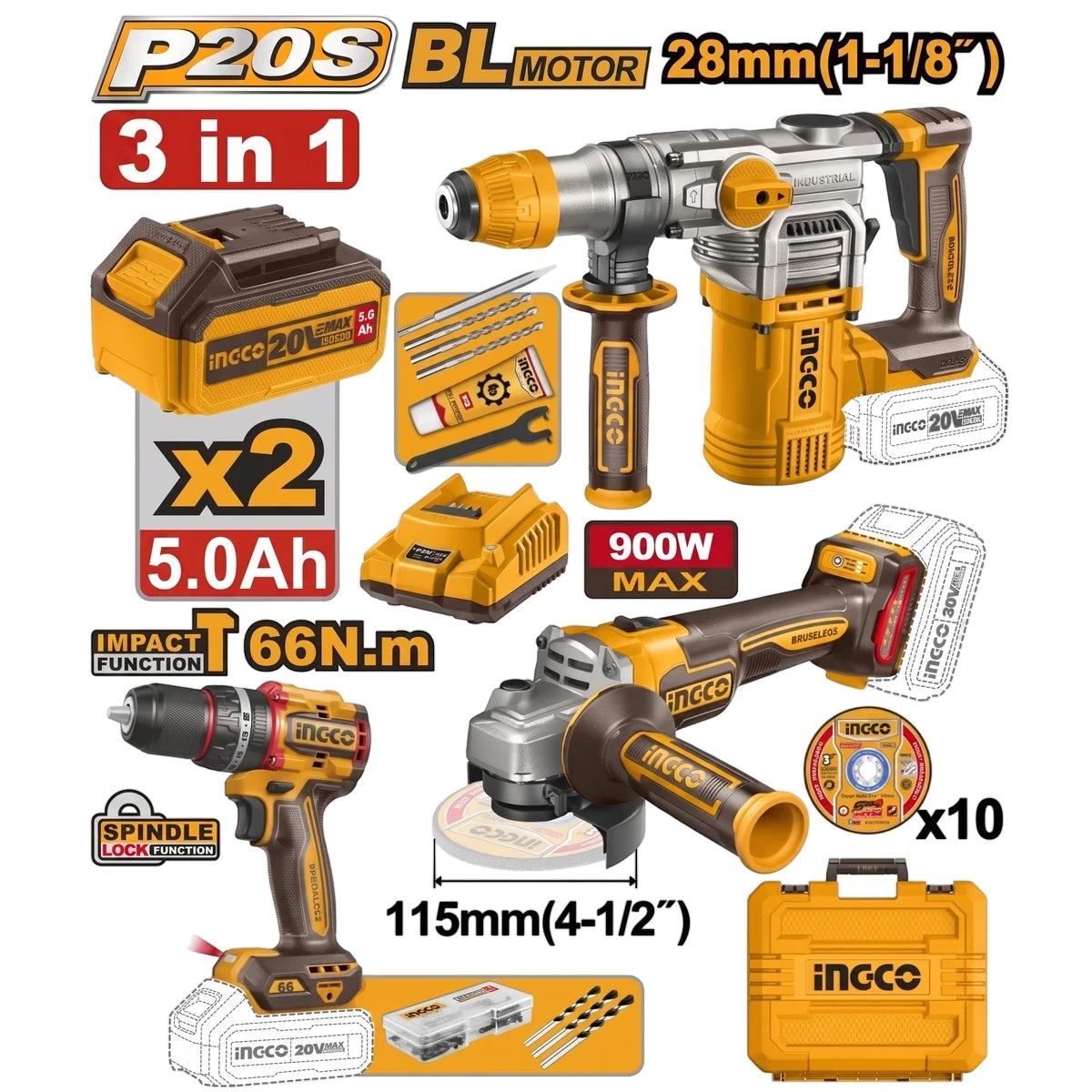 A yellow and black 20V Cordless 3-In-1 P20S Combo Kit including a hammer drill, angle grinder, drill/driver, two batteries,