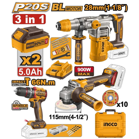 A yellow and black 20V Cordless 3-In-1 P20S Combo Kit including a hammer drill, angle grinder, drill/driver, two batteries,