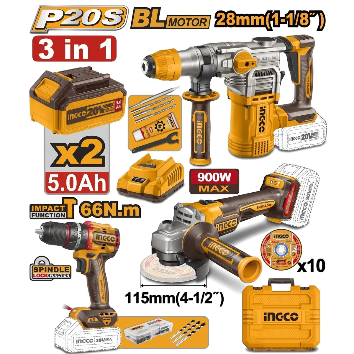 20V Cordless 3-in-1 5Ah Combo Kit with hammer drill, angle grinder, impact drill, batteries, charger, and accessories.
