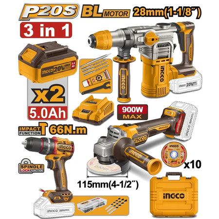 20V Cordless 3-in-1 5Ah Combo Kit with hammer drill, angle grinder, impact drill, batteries, charger, and accessories.