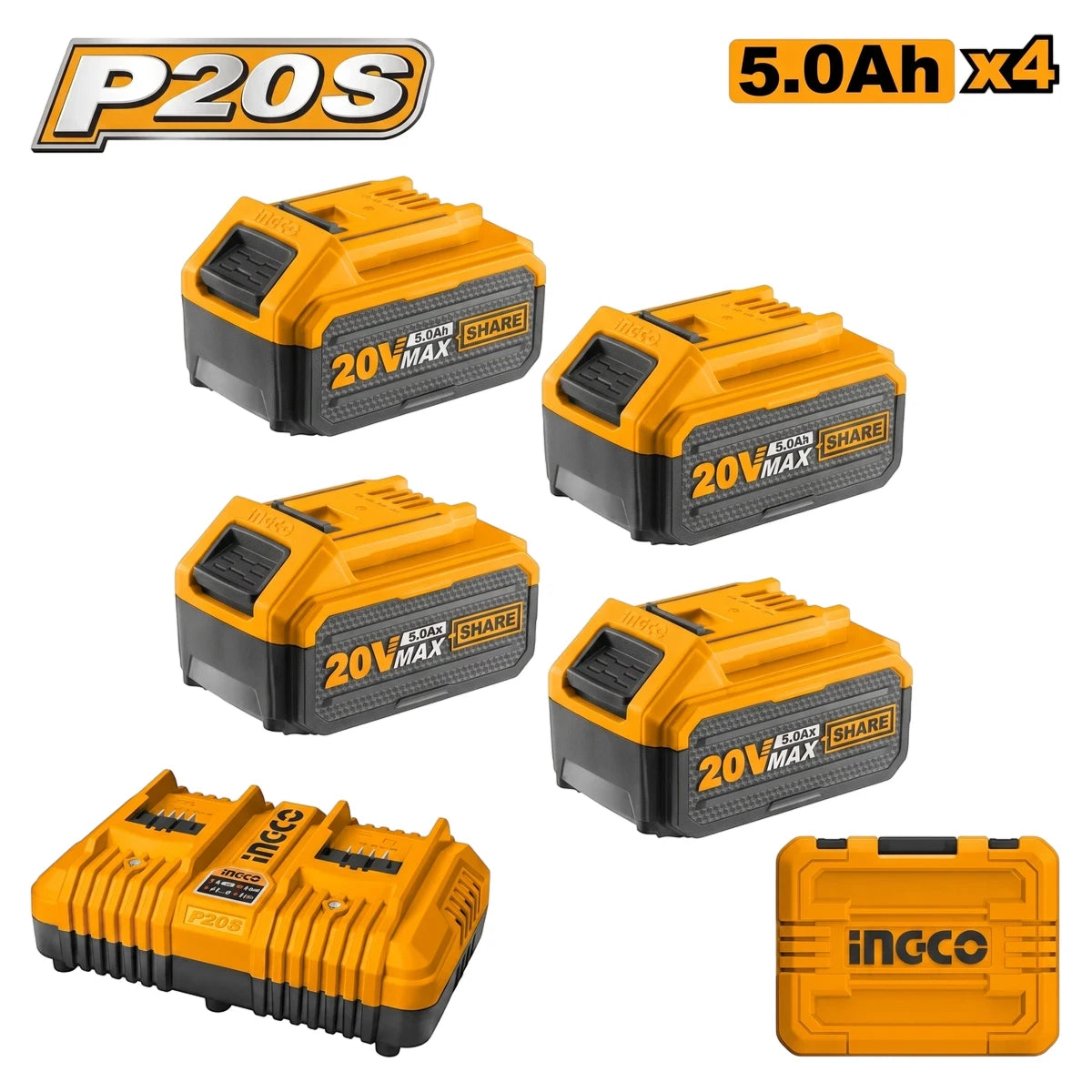Yellow and black 20V Cordless Battery Kit featuring four 5.0Ah batteries, a dual charger, and a storage case.
