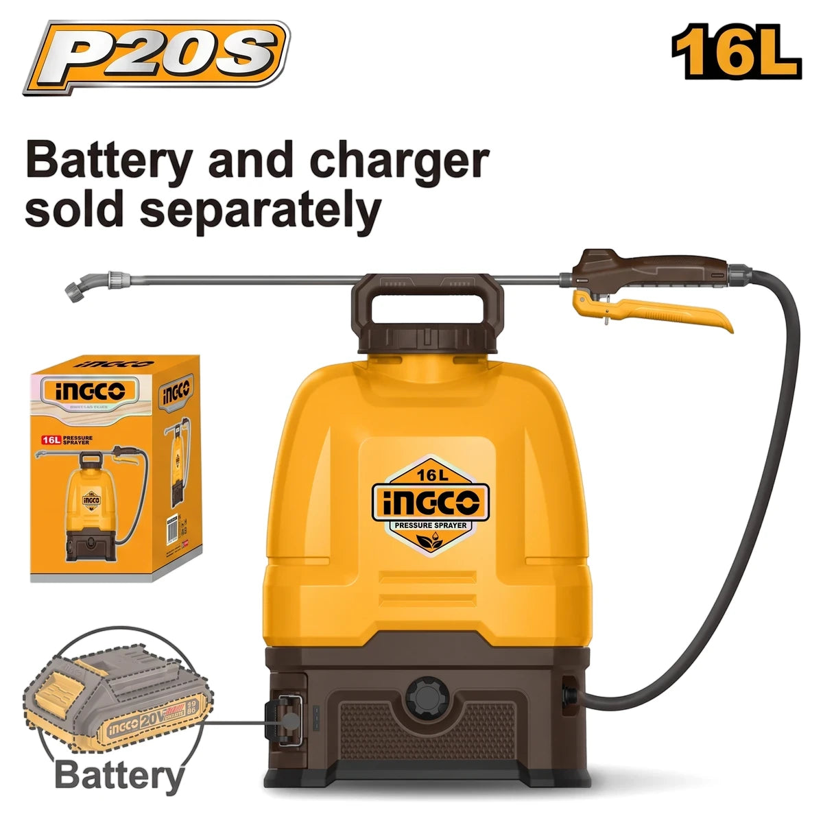 20V Powershare Cordless Knapsack Garden Sprayer with 16-liter yellow and brown tank, including spray wand and battery