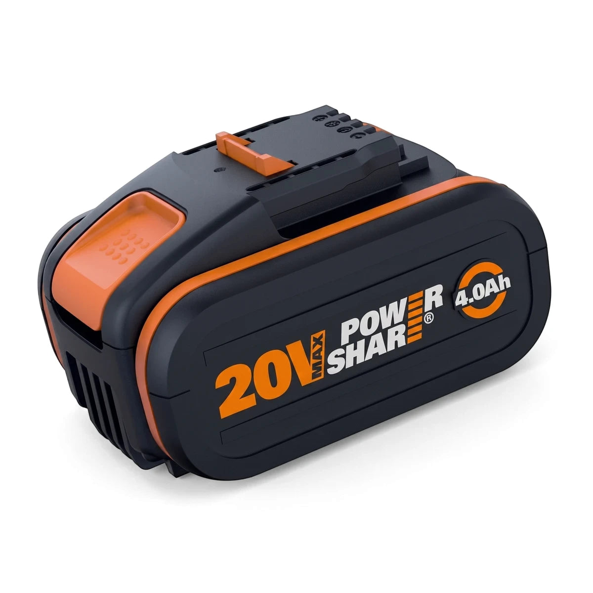 Black and orange 20V Powershare 4.0Ah cordless battery, shown from an angled perspective, for power tools.