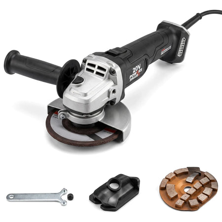20V Powershare brushless angle grinder with a 115mm grinding disc and wrench, positioned for use.