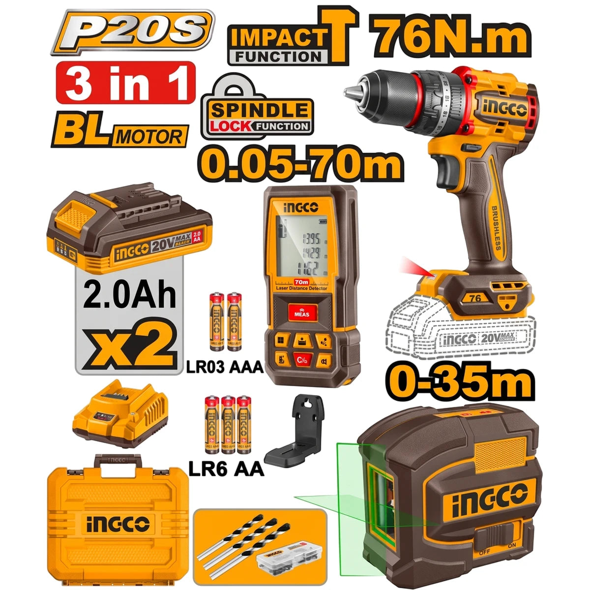 Yellow and black 20V Powershare Cordless 2-In-1 Combo Kit Cosli250511, featuring a drill, laser level, two 2.0Ah batteries,