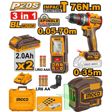 Yellow and black 20V Powershare Cordless 2-In-1 Combo Kit Cosli250511, featuring a drill, laser level, two 2.0Ah batteries,