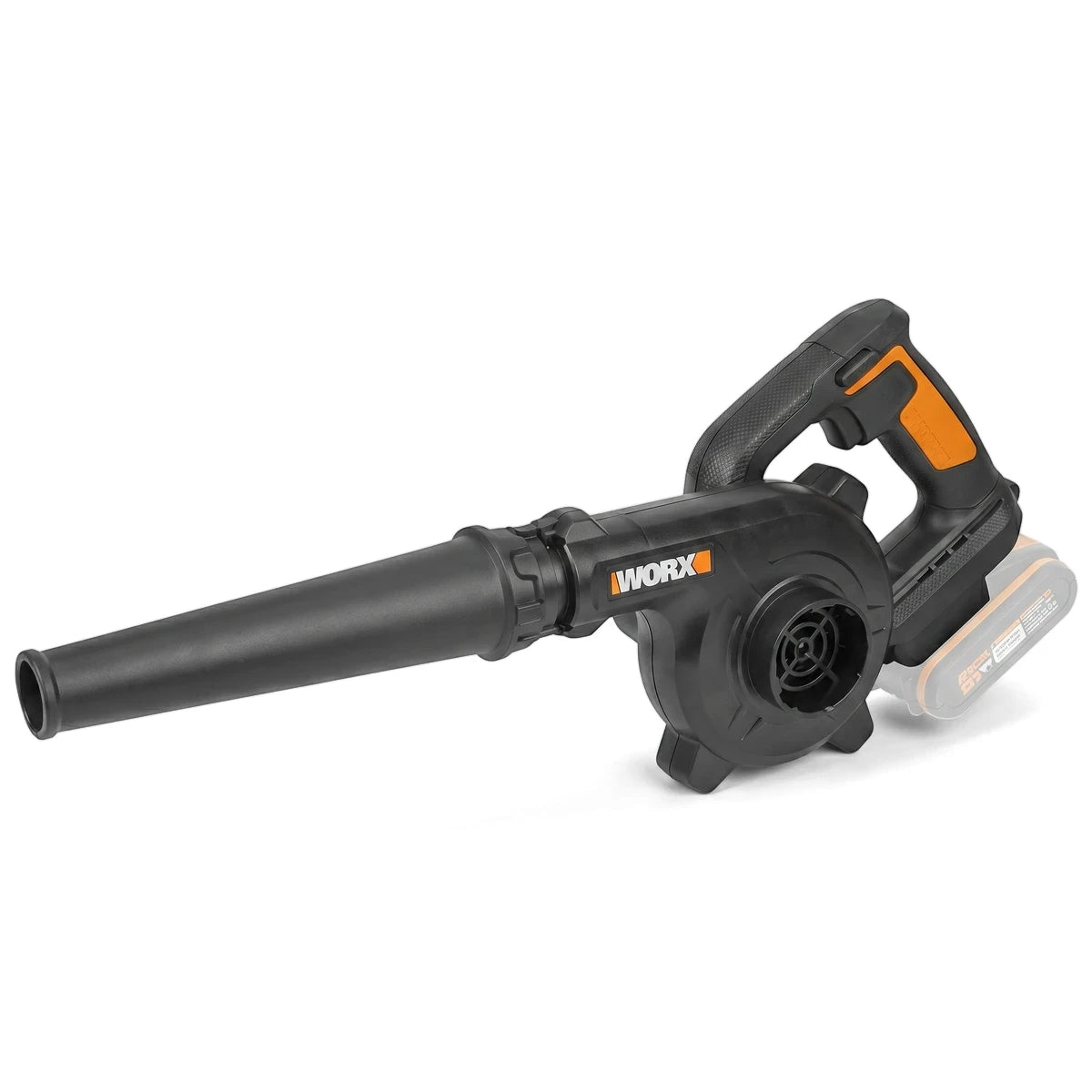 Black and orange 20V Powershare cordless aspirator blower power tool, handheld for leaf and debris removal.