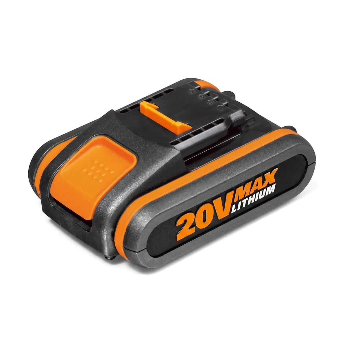 Black and orange 20V Powershare Cordless Battery 2.0Ah, shown from an angled top-down view on a white background.