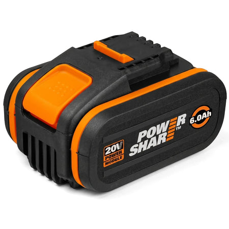 Black and orange 20V Powershare Cordless Battery (6.0Ah) with visible branding and module details.