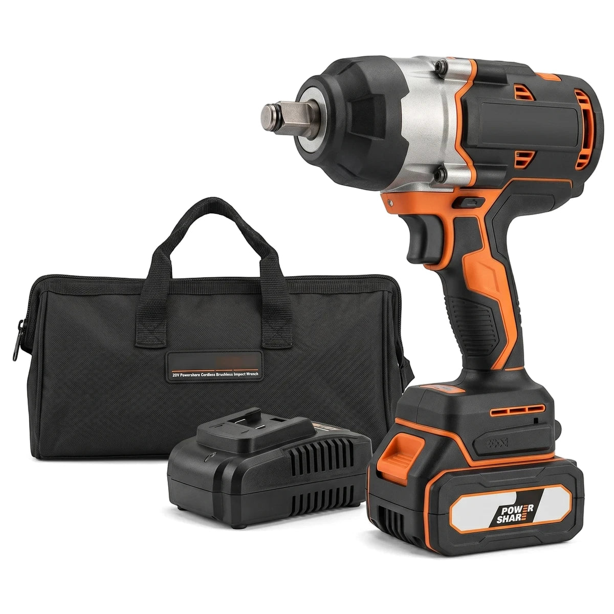 20V Powershare Cordless Brushless Impact Wrench (500Nm), black and orange, with its black carry bag.