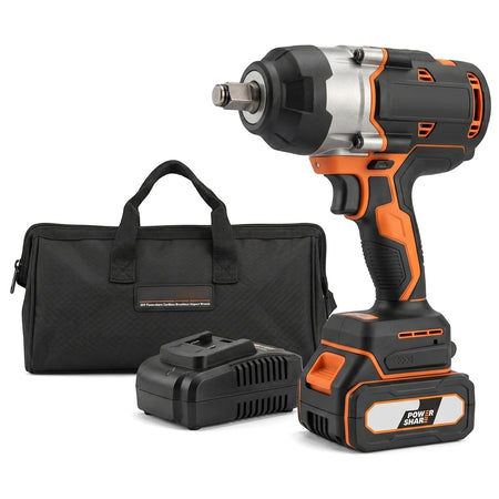 20V Powershare Cordless Brushless Impact Wrench (500Nm), black and orange, with its black carry bag.