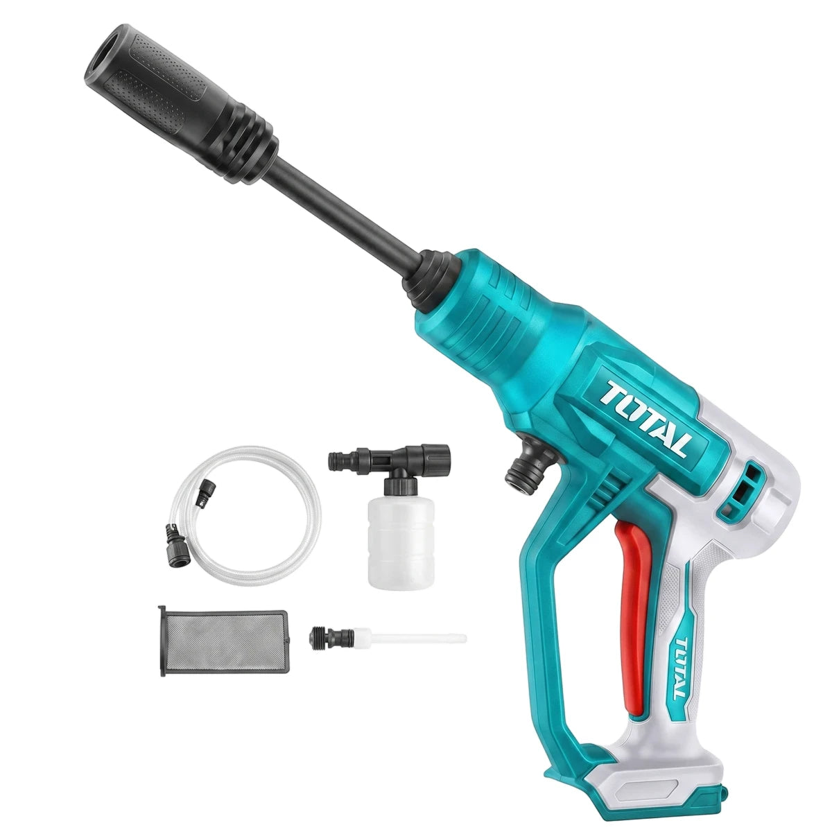 20V Powershare cordless high-pressure washer in teal and black, shown with a hose, soap bottle, and other accessories.