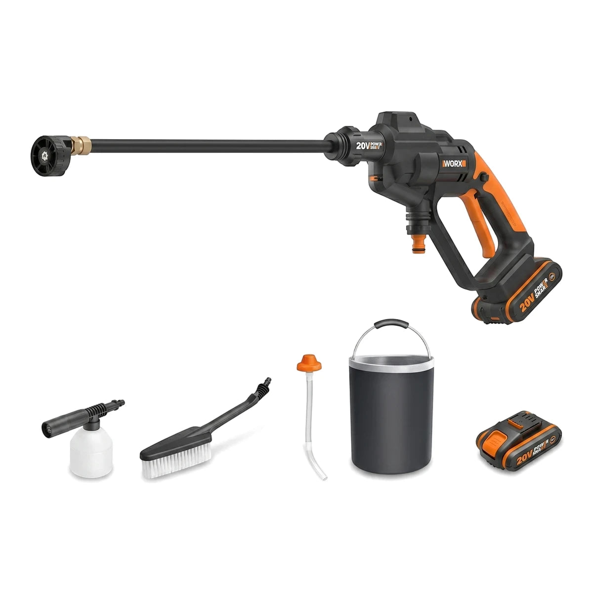 20V Powershare Cordless High-Pressure Washer in black and orange, displayed with a battery, foam cannon, and brush.