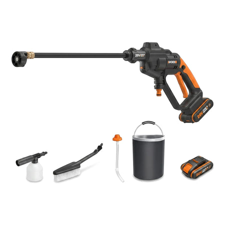 20V Powershare Cordless High-Pressure Washer in black and orange, displayed with a battery, foam cannon, and brush.