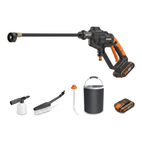 20V Powershare Cordless High-Pressure Washer in black and orange, displayed with a battery, foam cannon, and brush.