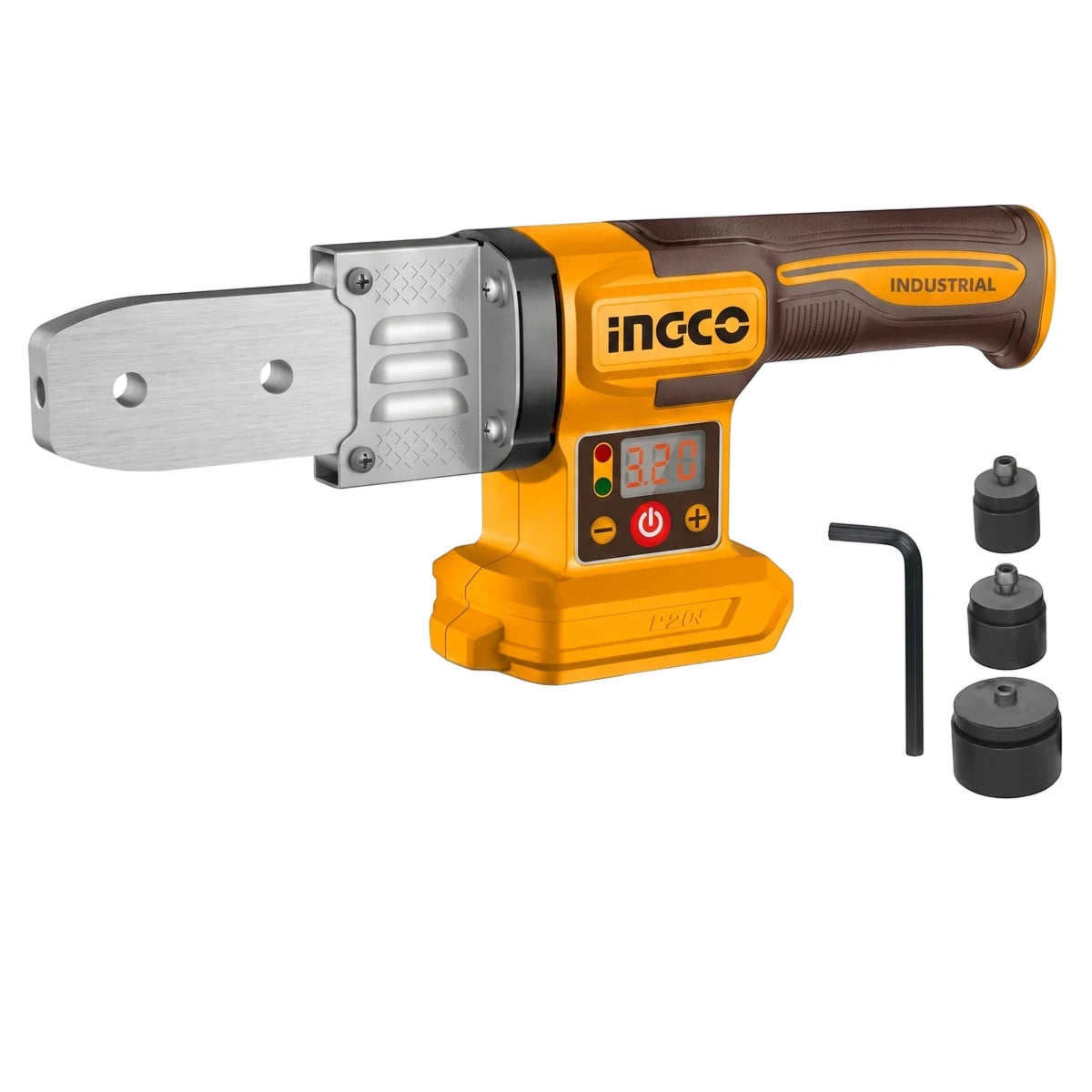 Yellow and black 20V Powershare Cordless Plastic Tube Welding Tool displayed with three welding dies and an L-shaped Allen